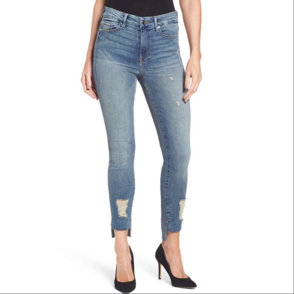 Good American Women’s Good Legs High Rise Skinny Ankle Step Hem Distressed Jeans
